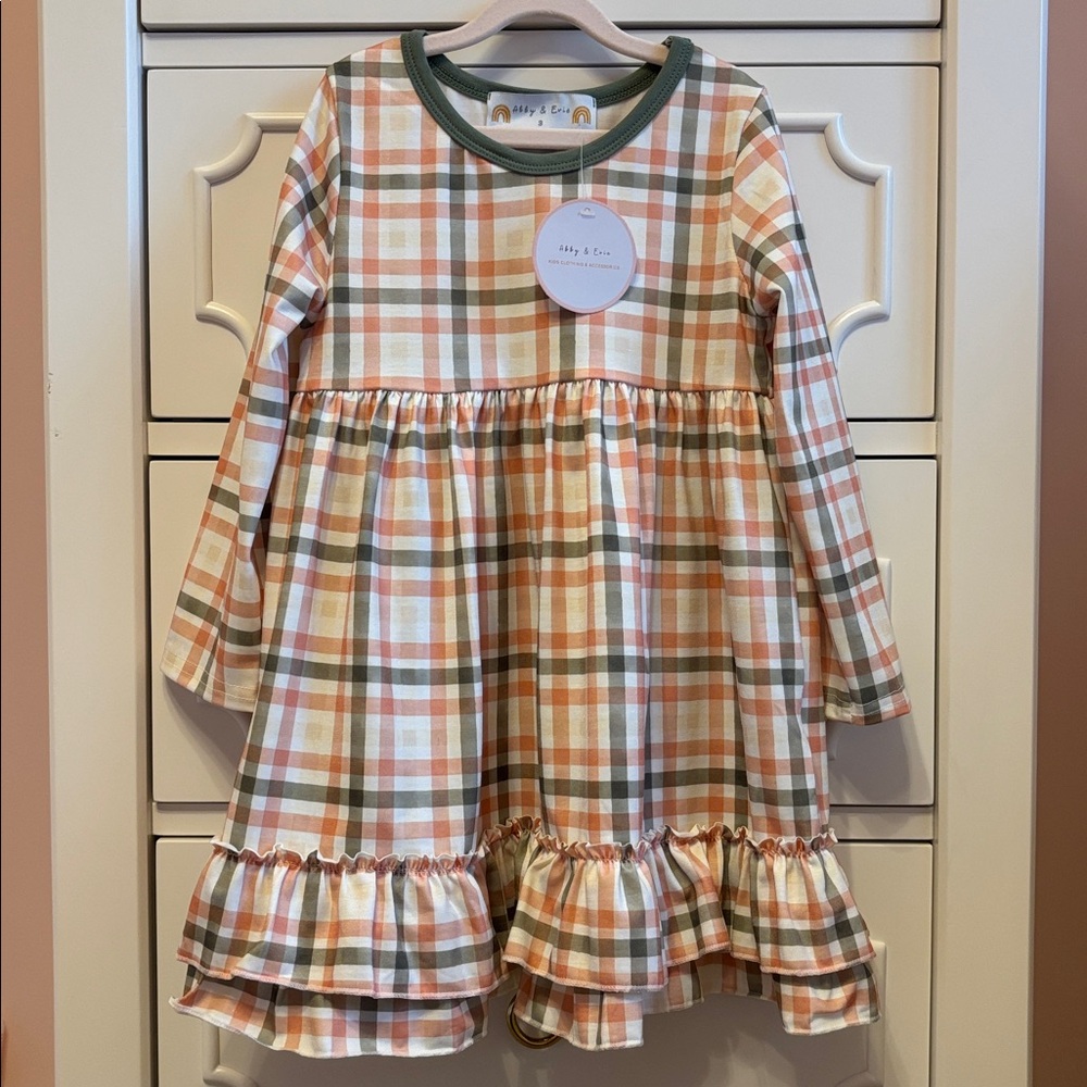 Girls' Plaid Ruffle Hem Long Sleeve Dress - Sage Trim, Peach & Cream